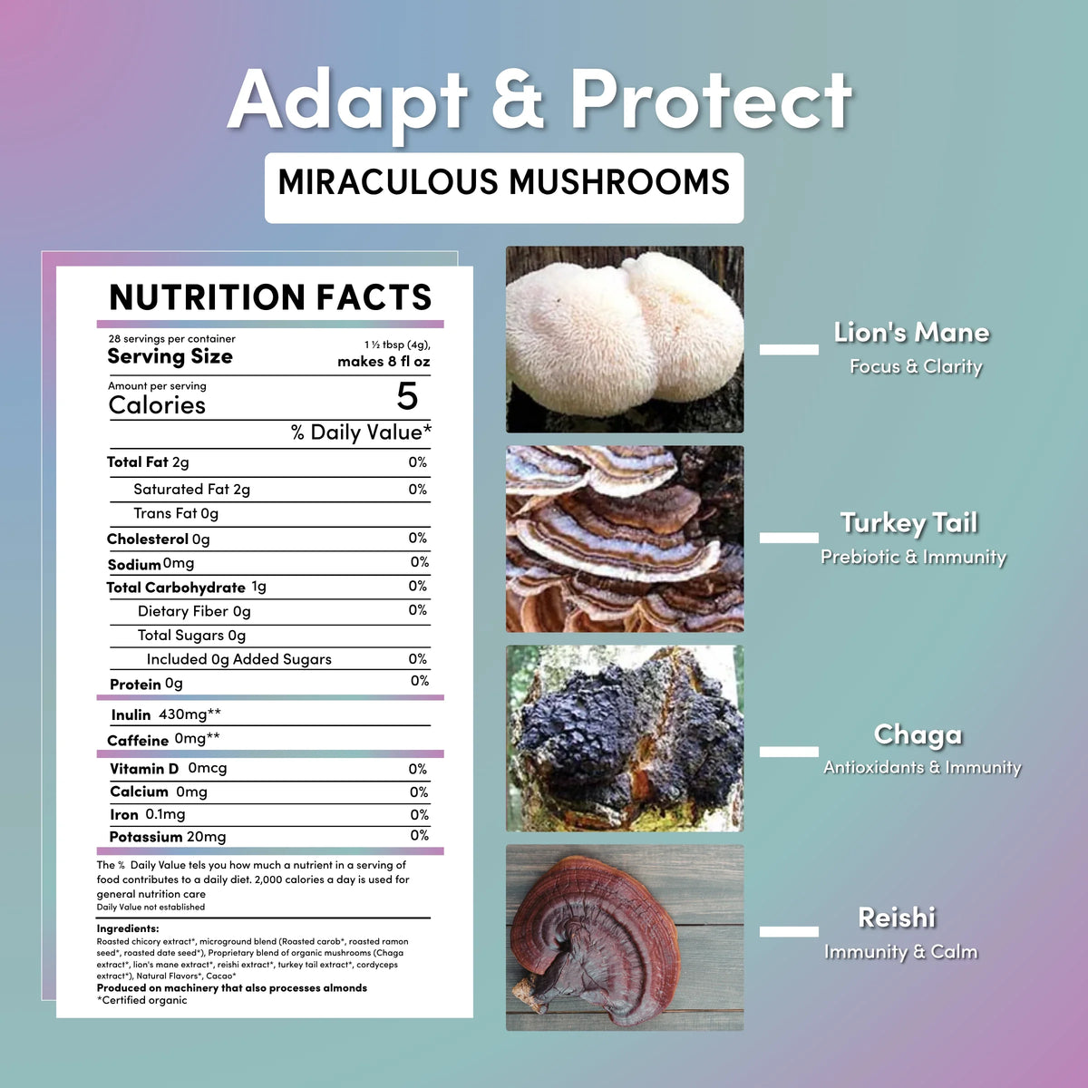 Instant herbal coffee nutrition facts for Adapt & Protect with mushroom variety callouts