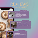 Coffee alternative package with review cards and star ratings