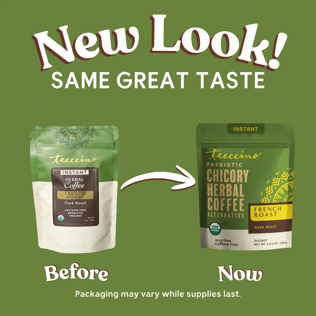Instant herbal coffee pouch comparison graphic, showing new and before packaging