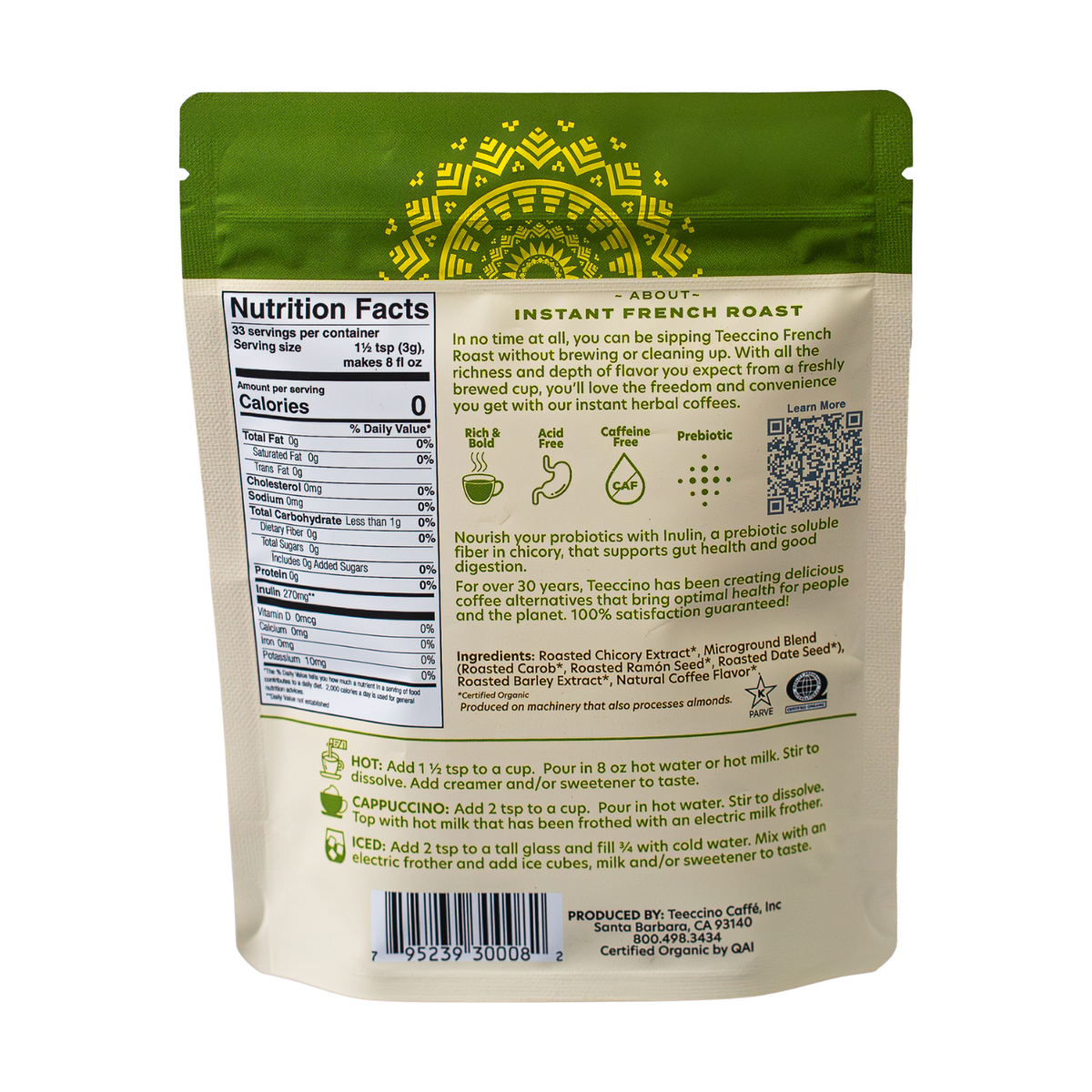 Back of green instant herbal coffee pouch with nutrition facts and product details