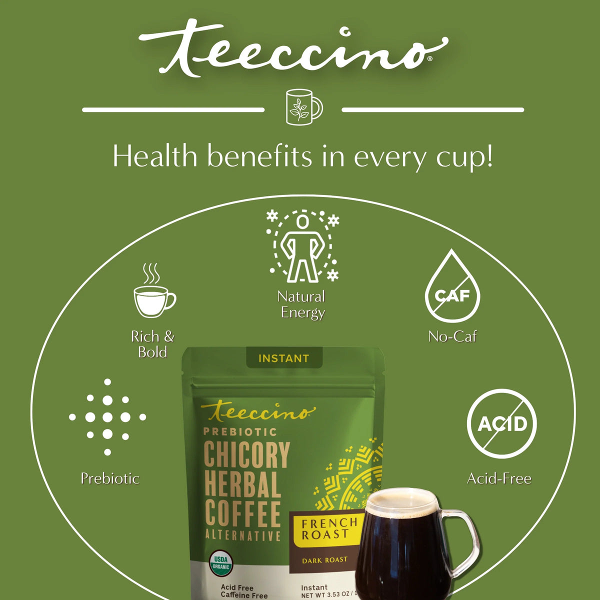Green instant herbal coffee pouch with cup, health benefit icons, and acid-free label