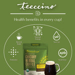 Green instant herbal coffee pouch with cup, health benefit icons, and acid-free label