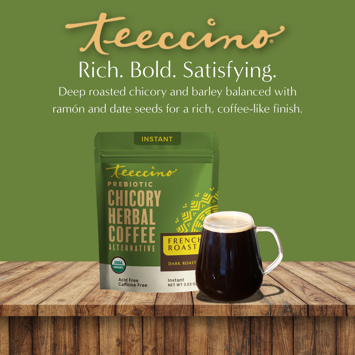 Green instant herbal coffee pouch with dark coffee mug on a wooden surface