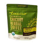 Green instant herbal coffee pouch with French Roast dark roast label and yellow graphic