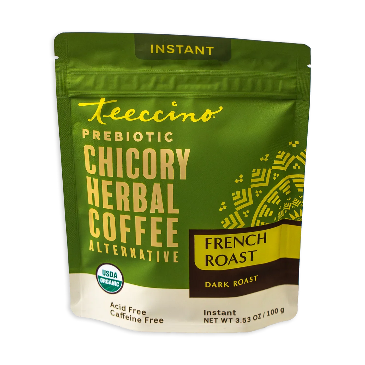 Green instant herbal coffee pouch with French Roast dark roast label and yellow graphic