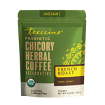 Green instant herbal coffee pouch with French Roast dark roast label; acid-free, caffeine-free