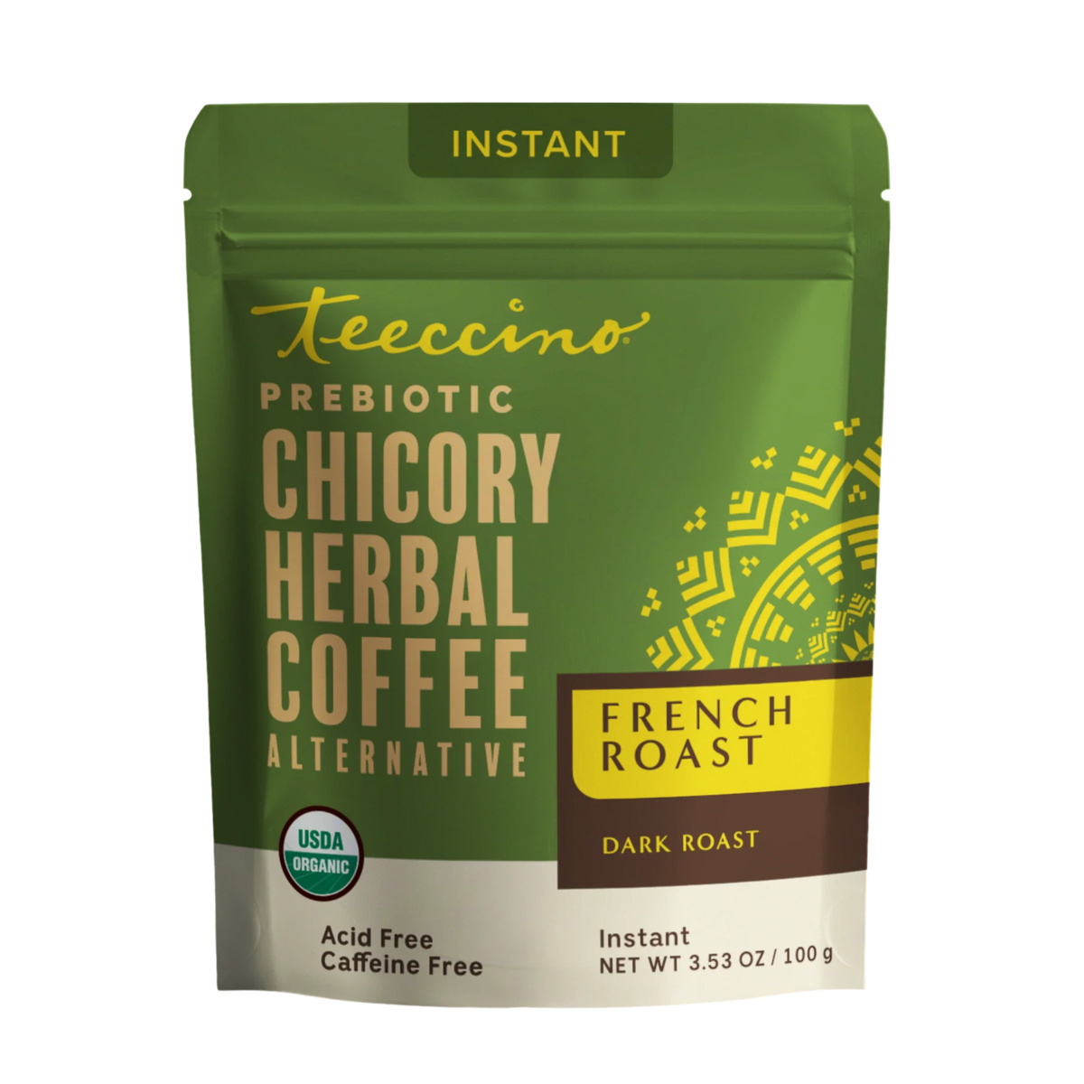 Green instant herbal coffee pouch with French Roast dark roast label; acid-free, caffeine-free