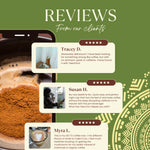 Chicory herbal coffee powder with customer review cards overlay