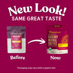 Teecino instant vanilla nut chicory herbal coffee, before and now pouch comparison