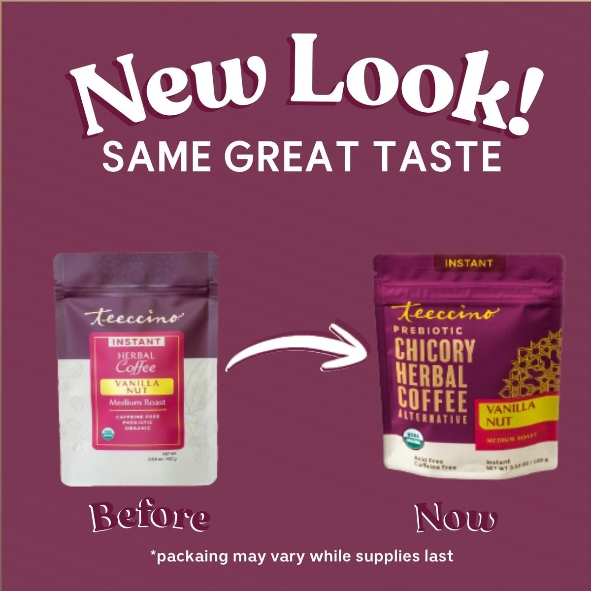 Teecino instant chicory herbal coffee, vanilla nut, before and now pouch comparison