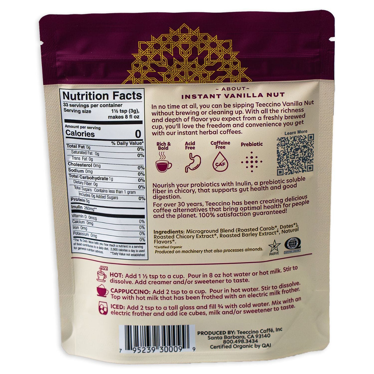 Teecino instant vanilla nut prebiotic chicory herbal coffee pouch, back panel