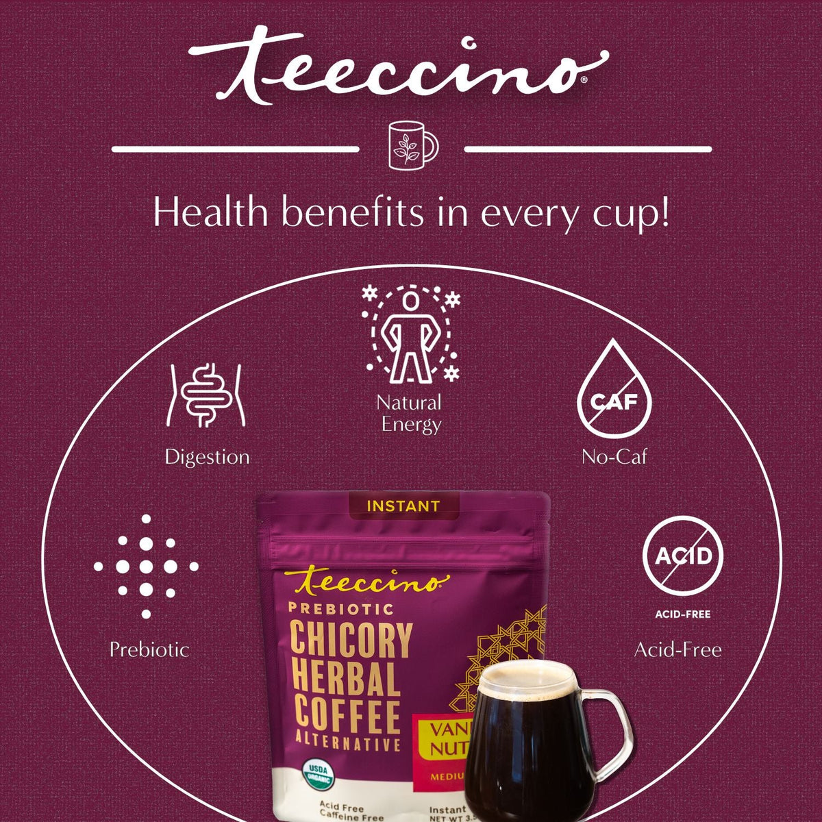 Teecino prebiotic chicory herbal coffee pouch with mug, instant, acid-free