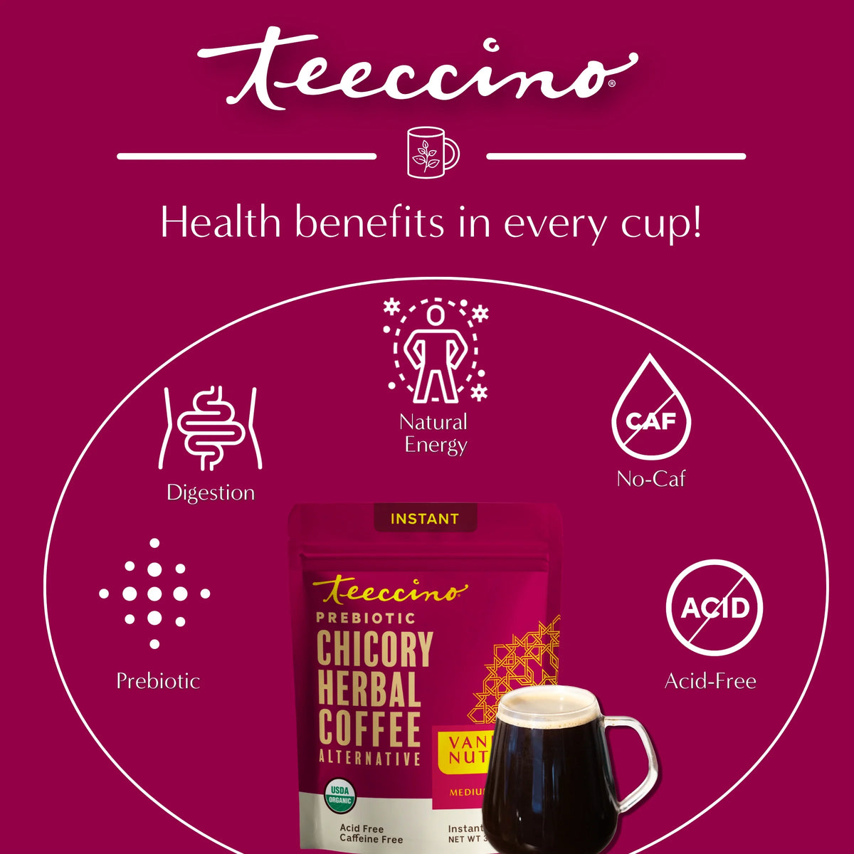 Teecino prebiotic chicory herbal coffee pouch with mug, digestion and no-caf icons