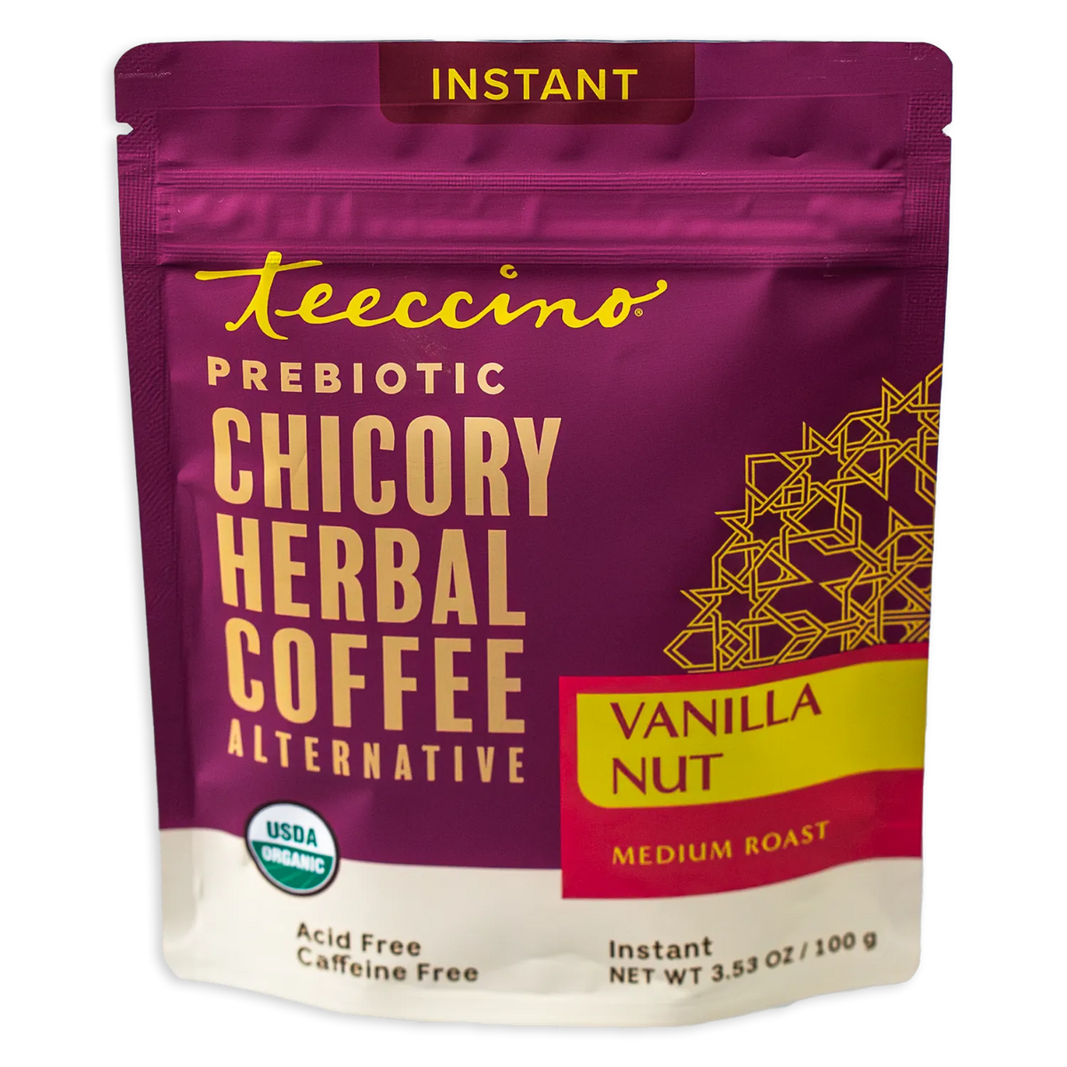 Teecino instant prebiotic chicory herbal coffee pouch, vanilla nut, medium roast, front
