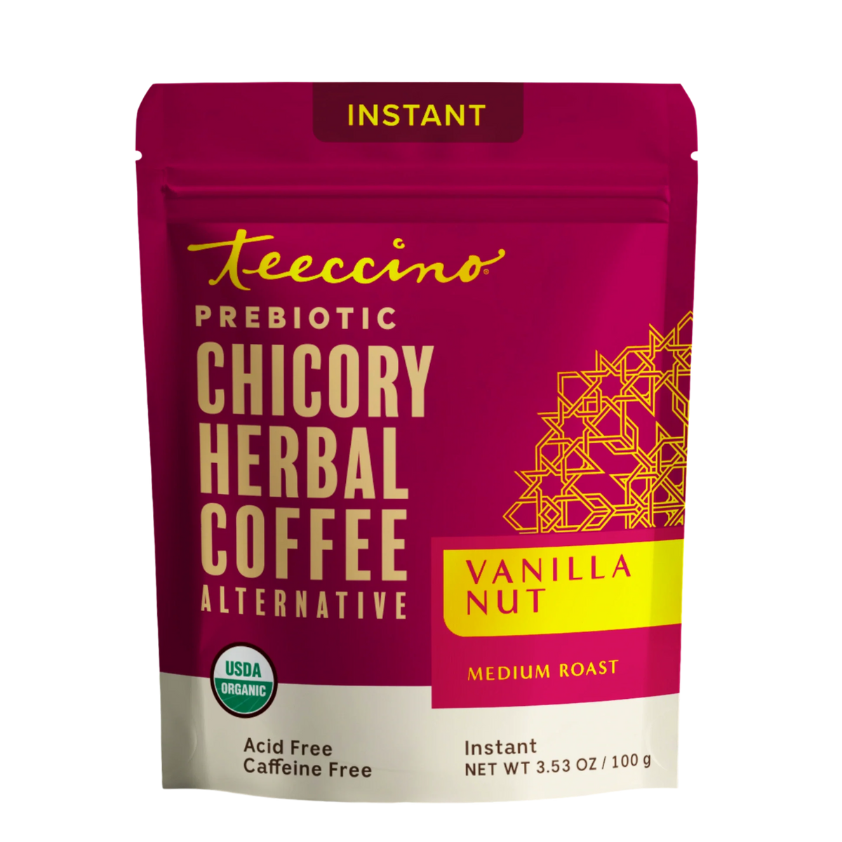 Teecino instant prebiotic chicory herbal coffee pouch, vanilla nut, medium roast