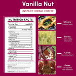 Instant vanilla nut herbal coffee nutrition facts panel with ingredient icons