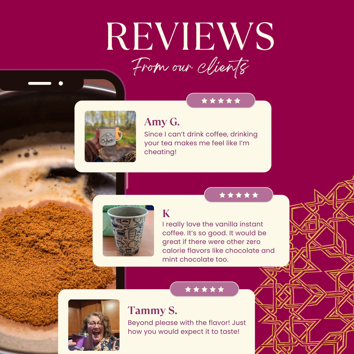 Teecino vanilla nut herbal coffee pouch shown with customer reviews graphic