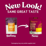 Instant hazelnut herbal coffee promo comparing before and now pouch packaging