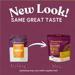 Instant hazelnut herbal coffee promo showing two pouches under “New Look”