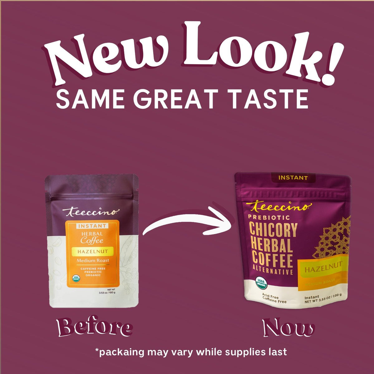 Instant hazelnut herbal coffee promo showing two pouches under “New Look”