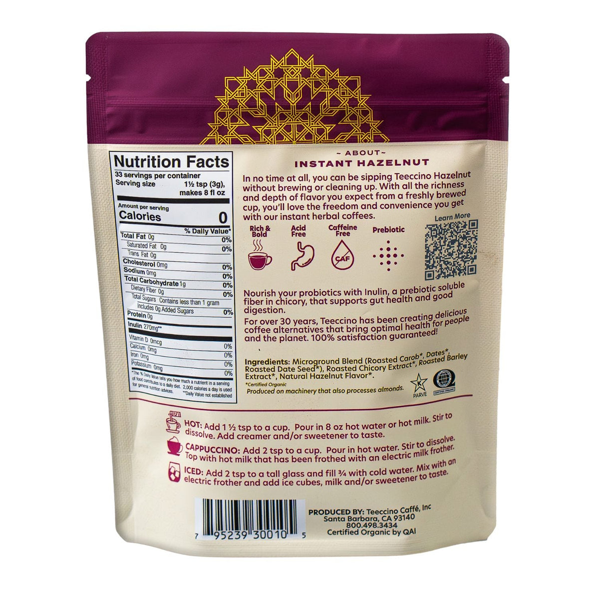 Hazelnut instant herbal coffee pouch back with nutrition facts and ingredient text