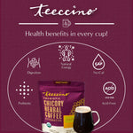 Instant herbal coffee health benefits graphic with hazelnut pouch and cup