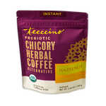 Instant hazelnut herbal coffee pouch, front view with hazelnut roast and medium roast label