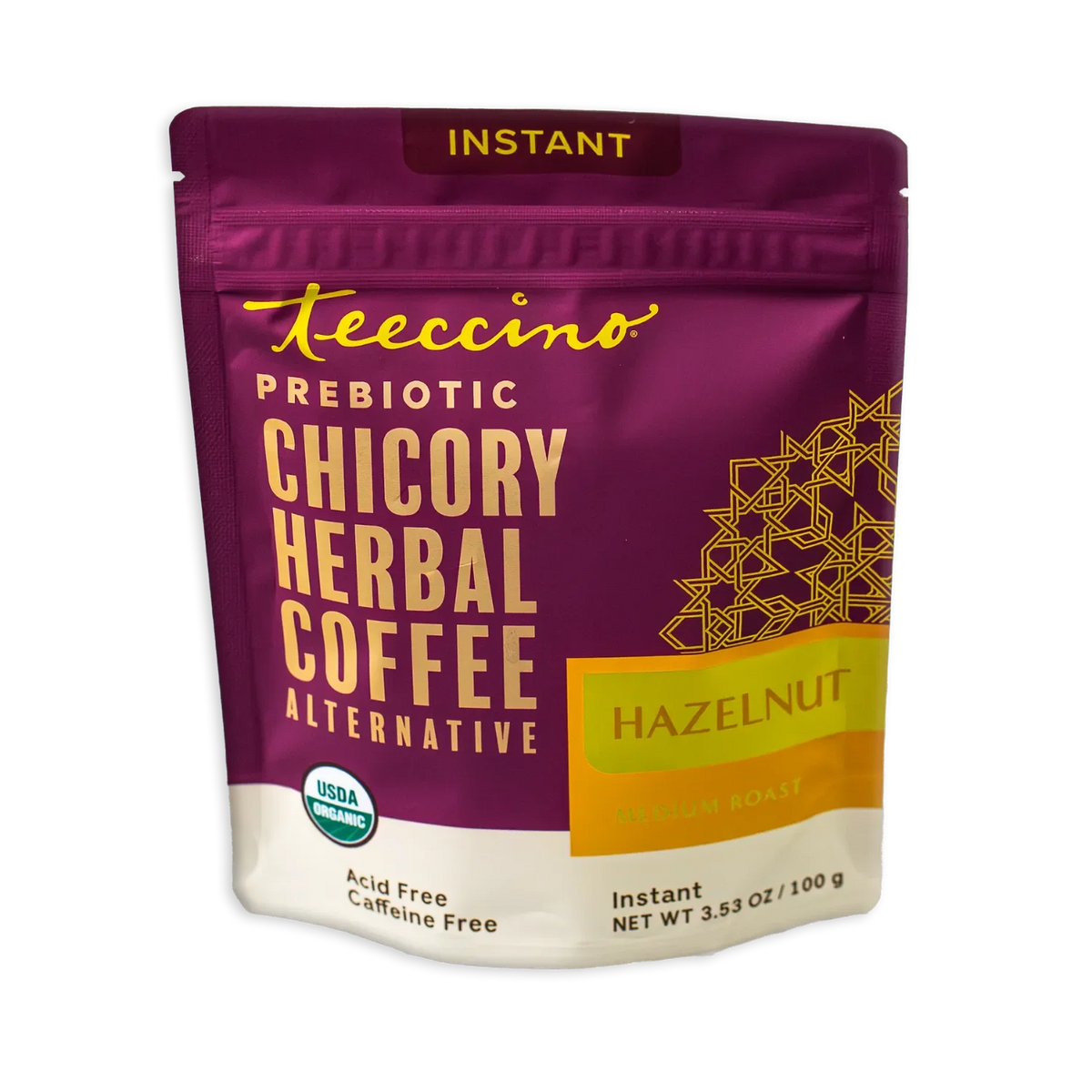 Instant hazelnut herbal coffee pouch, front view with hazelnut roast and medium roast label