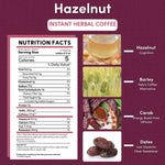 Hazelnut instant herbal coffee nutrition facts panel with ingredient icons