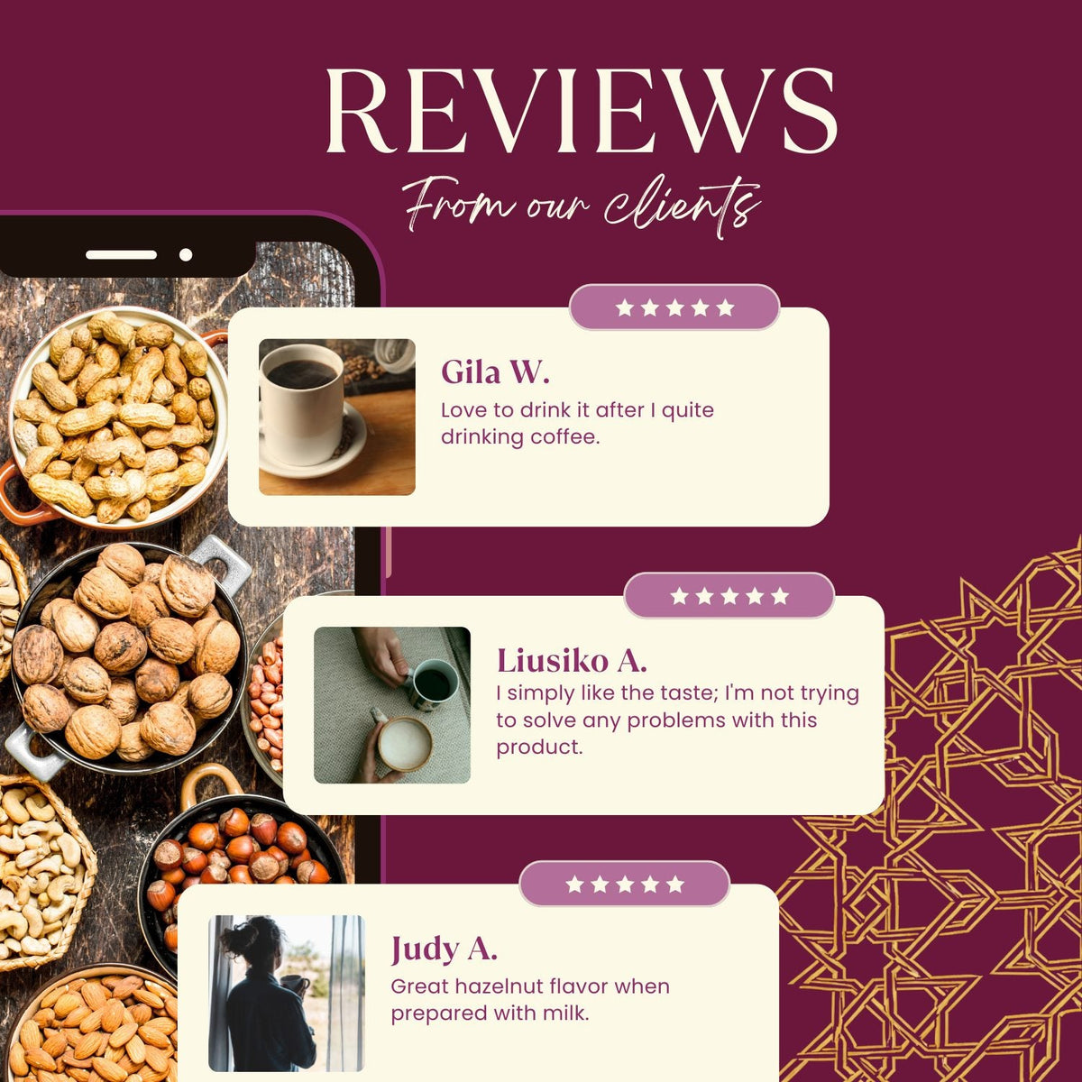 Instant hazelnut herbal coffee marketing graphic with customer review cards and coffee cup