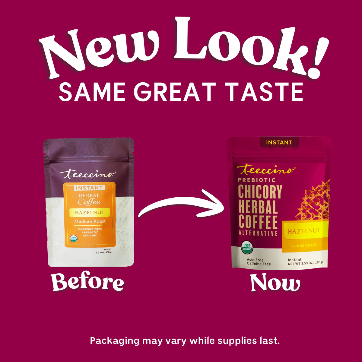 Instant hazelnut herbal coffee pouches, one old-style and one new-style
