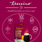 Instant hazelnut herbal coffee pouch with cup of dark brewed drink