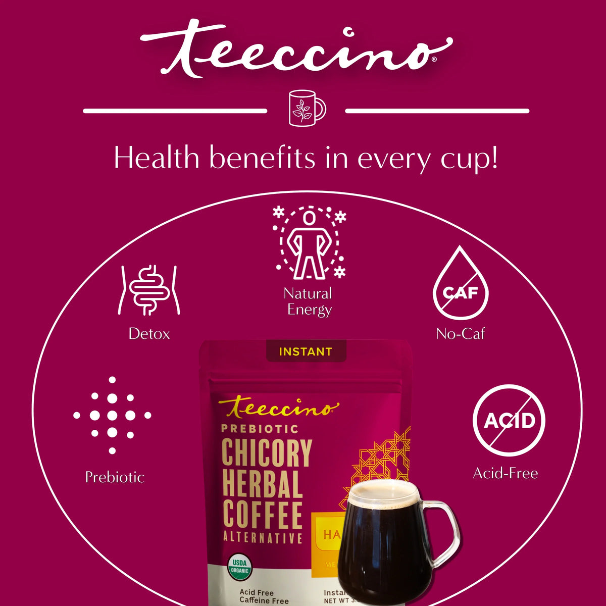 Instant hazelnut herbal coffee pouch with cup of dark brewed drink