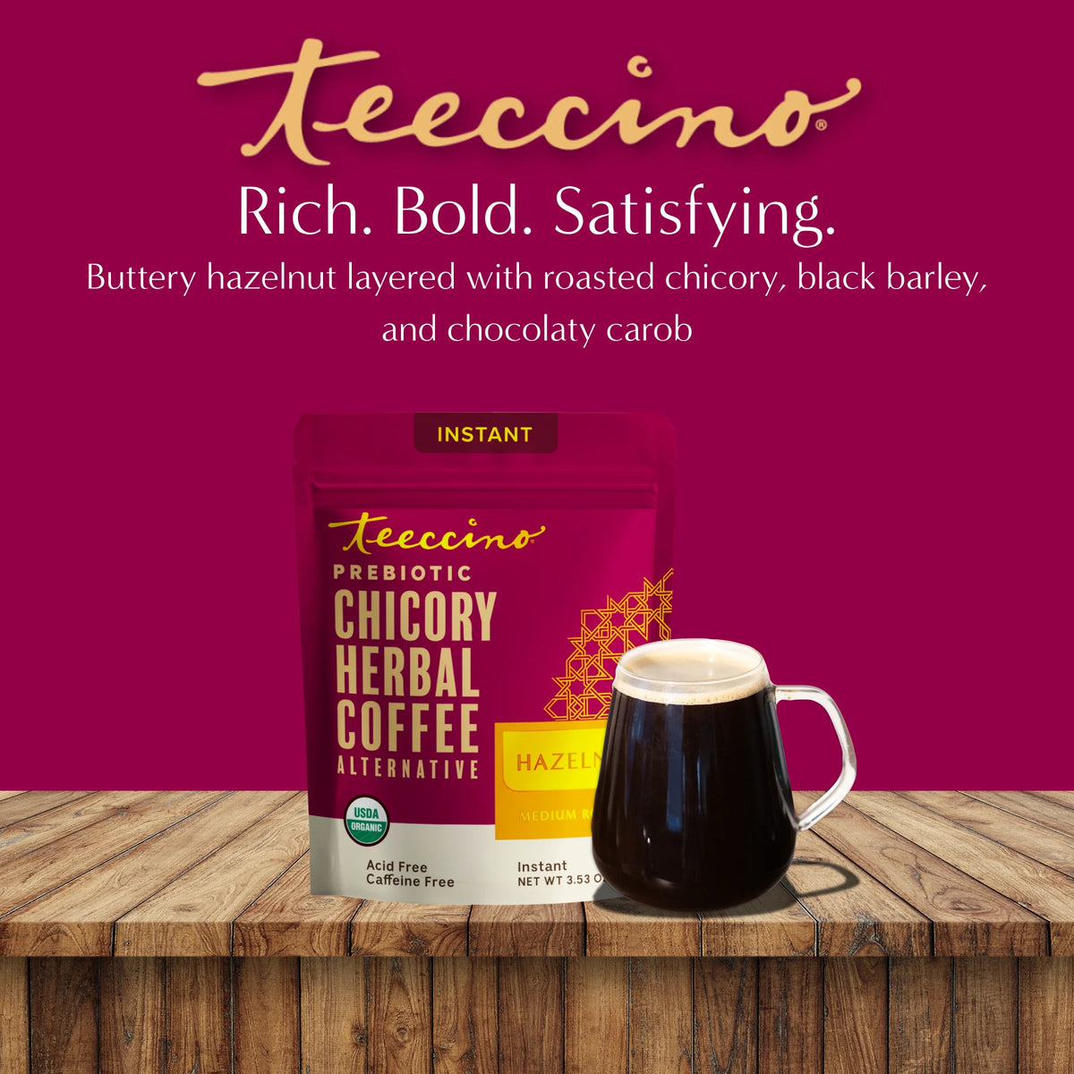 Instant hazelnut herbal coffee pouch with black mug of caffeine-free drink