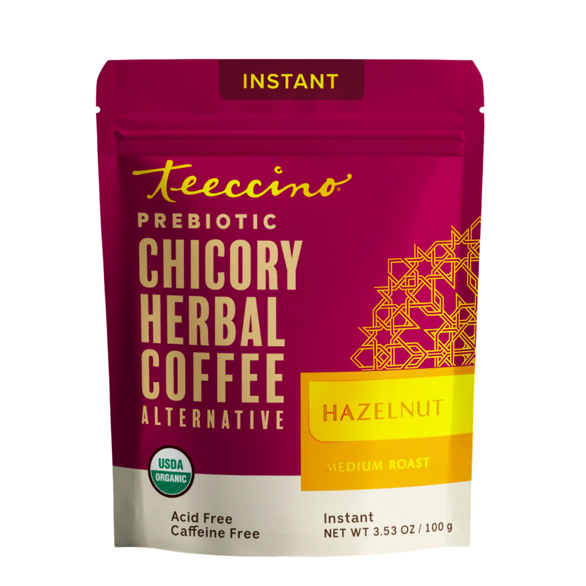 Instant hazelnut herbal coffee pouch, dark purple with hazelnut medium roast label