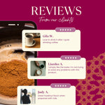 Instant hazelnut herbal coffee marketing graphic with customer review cards and cup