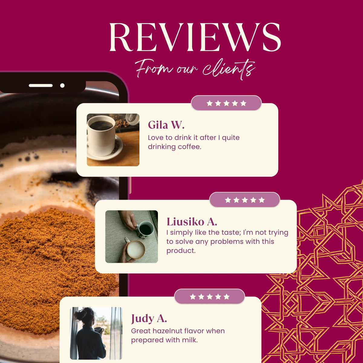 Instant hazelnut herbal coffee marketing graphic with customer review cards and cup