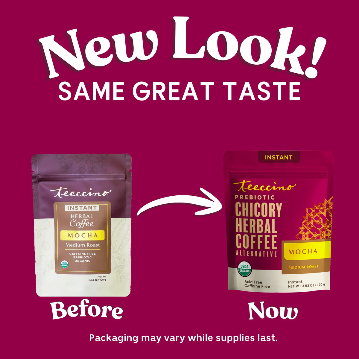 Instant herbal coffee starter pouches, mocha and chicory flavors, side-by-side