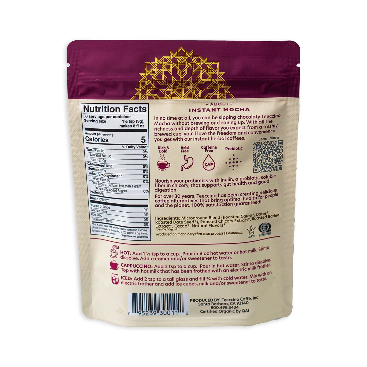 Mocha instant herbal coffee back pouch with nutrition facts and ingredients panel