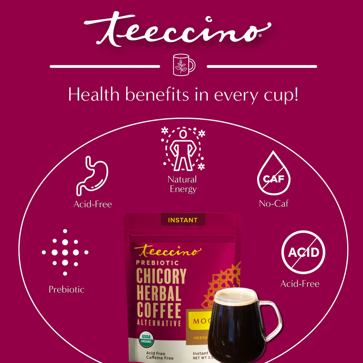 Mocha instant herbal coffee benefits graphic with pouch, cup, prebiotic and acid-free icons