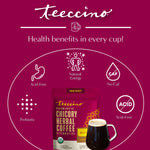 Mocha instant herbal coffee benefits graphic with pouch, cup, prebiotic and acid-free icons
