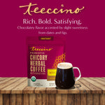 Instant prebiotic chicory herbal coffee pouch with glass mug of dark coffee