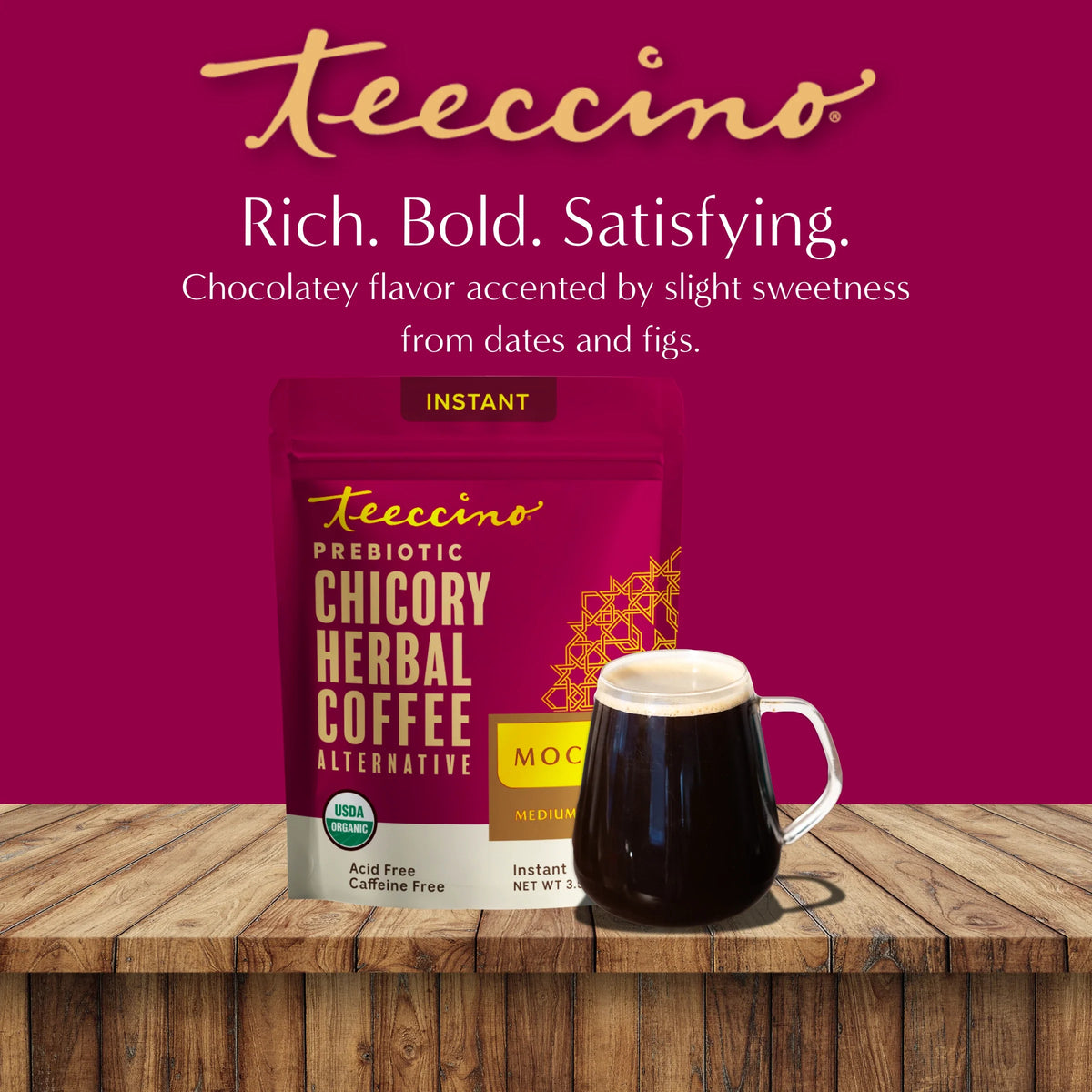 Instant prebiotic chicory herbal coffee pouch with glass mug of dark coffee
