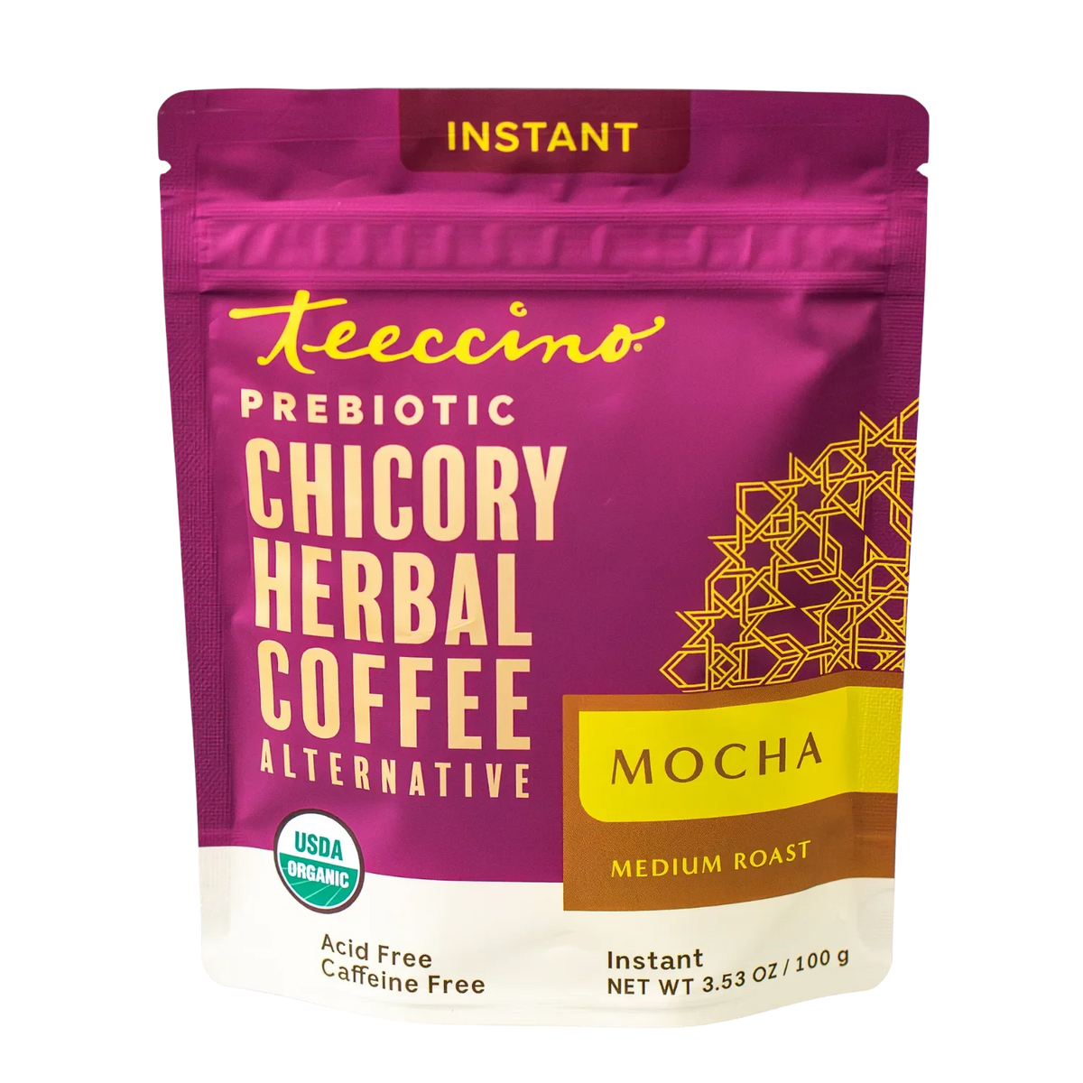 Mocha instant herbal coffee pouch, purple with gold label, medium roast, 3.53 oz