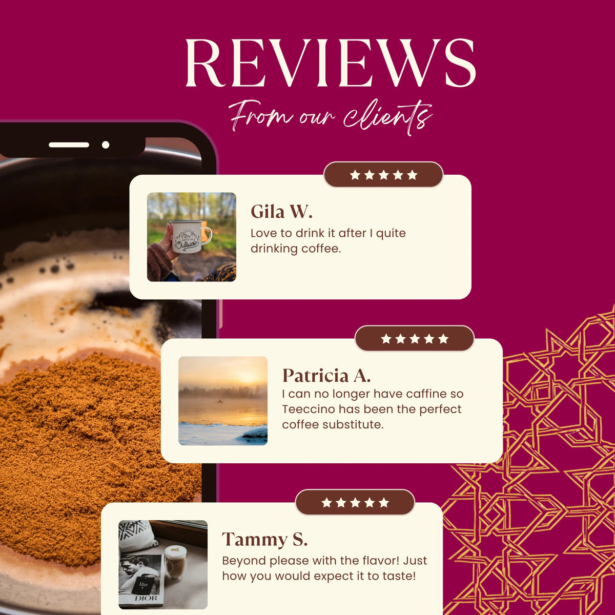 Customer review cards featuring the mocha instant herbal coffee pouch