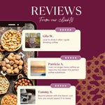 Customer review cards with mocha instant herbal coffee pouch and ingredient photos