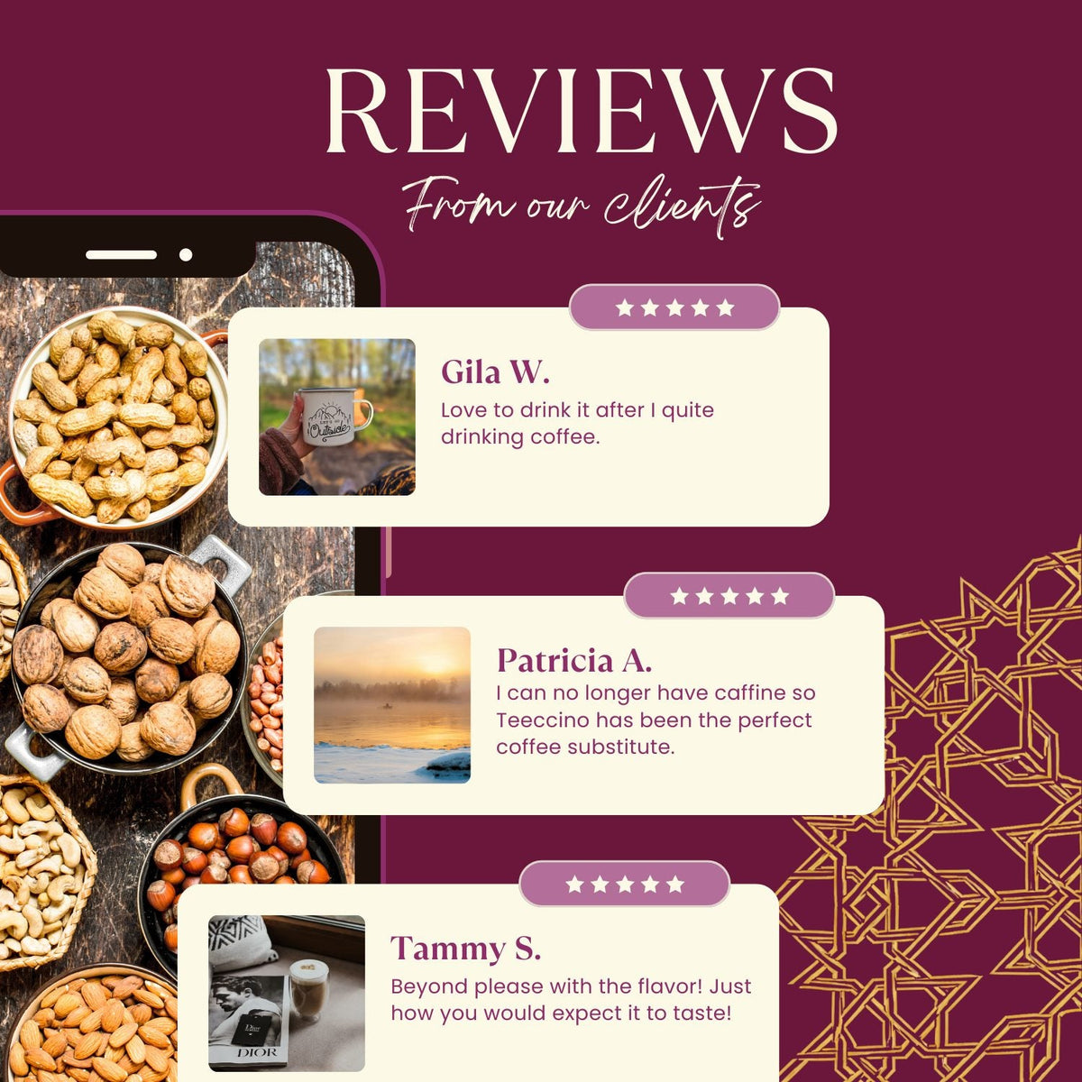 Customer review cards with mocha instant herbal coffee pouch and ingredient photos