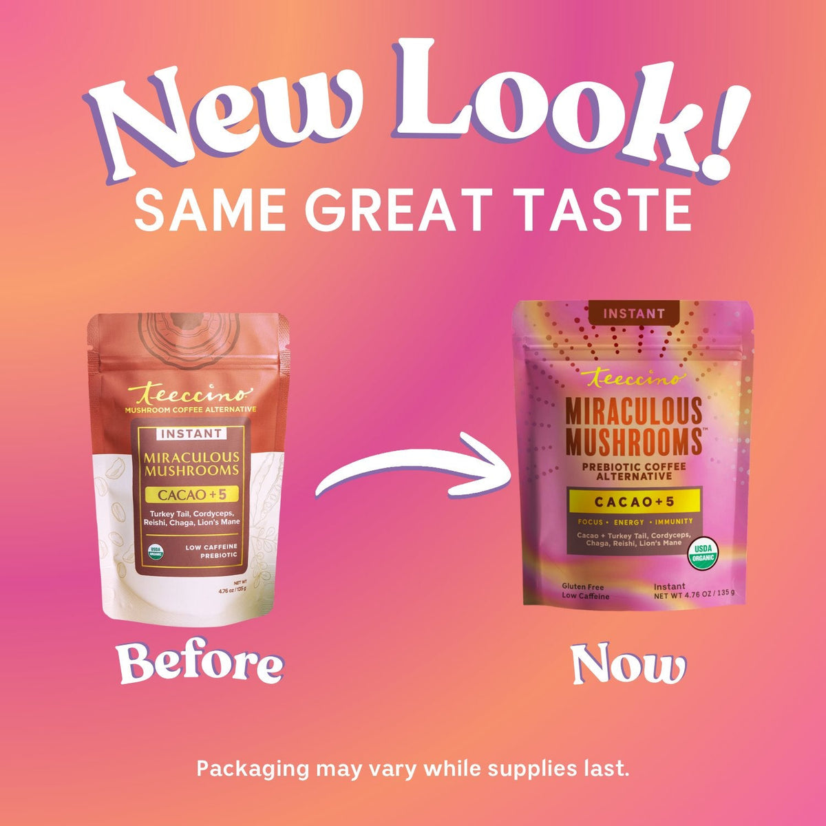 Miraculous Mushrooms Cacao+5 packaging comparison: before and now, two pouches