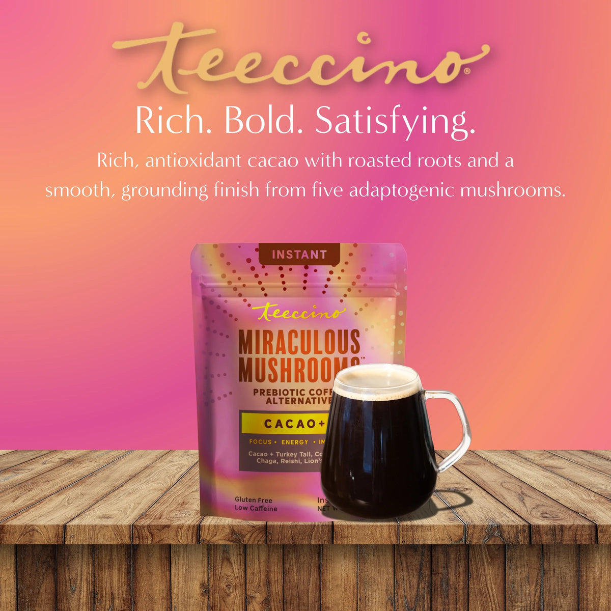 Instant cacao + 5 prebiotic coffee pouch with dark mug of drink