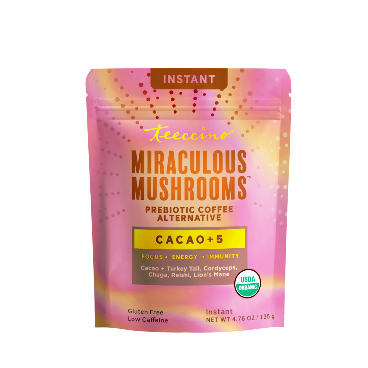 Instant prebiotic coffee pouch, Miraculous Mushrooms Cacao+5, purple bag